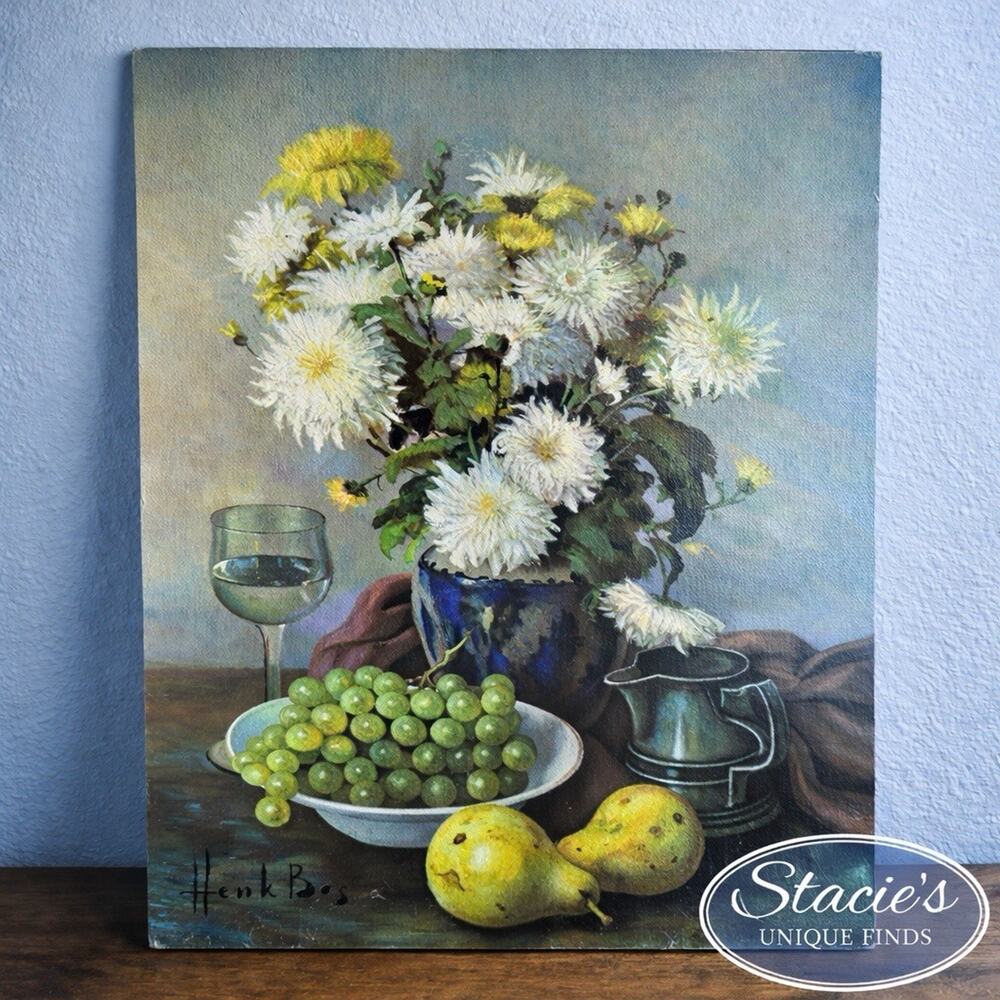 Vintage Floral Still Life Print by Henk Bos Chrysanthemums Grapes Pears
